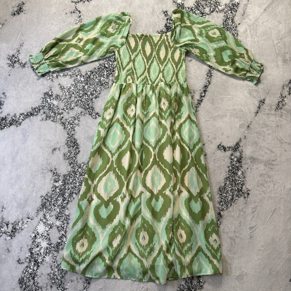 Her Destiny Dress Womens Size L Green Multi Ikat Print Smocked A Line Maxi Flowy